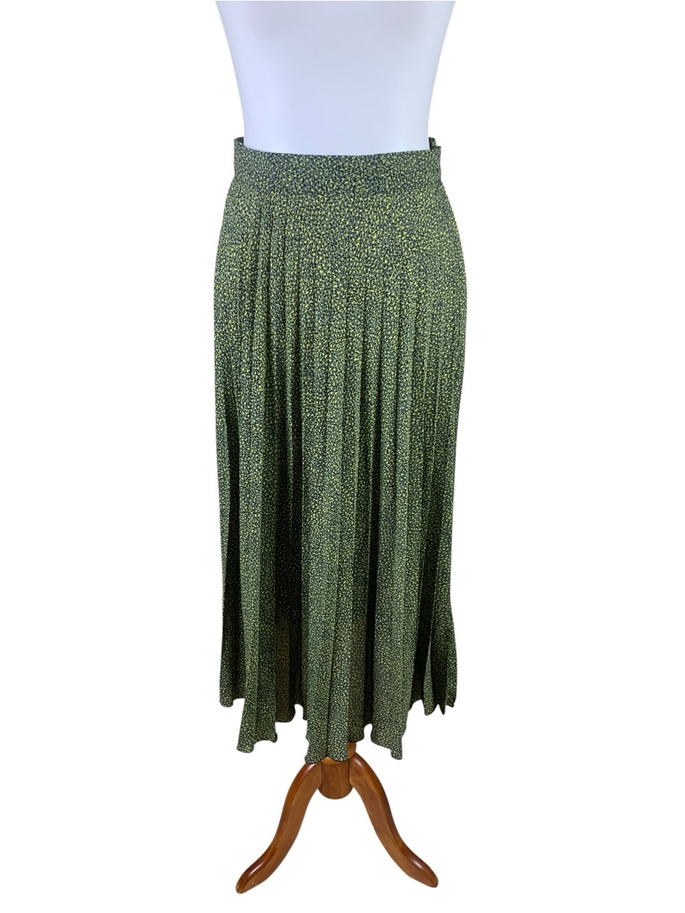 Zara Green Black Print Pleated Midi Skirt Flowy High Waist Small